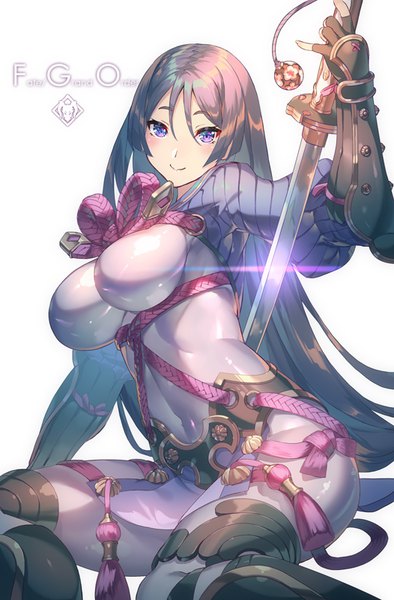 Anime picture 526x800 with fate (series) fate/grand order minamoto no raikou (fate) yoshimoto (dear life) single long hair tall image looking at viewer blush breasts light erotic simple background smile large breasts white background purple eyes purple hair copyright name impossible clothes girl