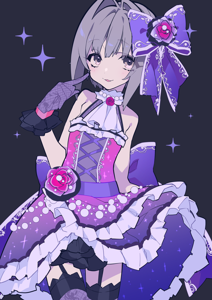 Anime picture 1447x2047 with idolmaster idolmaster cinderella girls koshimizu sachiko mochizuki kei single tall image looking at viewer fringe short hair simple background bare shoulders grey hair grey eyes dark background self-proclaimed perfection girl thighhighs dress gloves bow