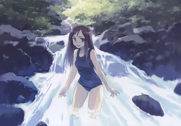 Anime picture 3210x2238 with original matsumoto noriyuki single long hair looking at viewer blush highres breasts open mouth blue eyes brown hair standing absurdres outdoors scan partially submerged river girl swimsuit plant (plants)