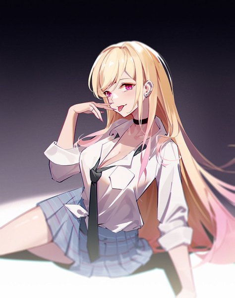 Anime picture 815x1031 with sono bisque doll wa koi wo suru cloverworks kitagawa marin j fang single long hair tall image breasts light erotic blonde hair large breasts sitting cleavage pink eyes fingernails piercing ear piercing long fingernails twisty sleeves girl