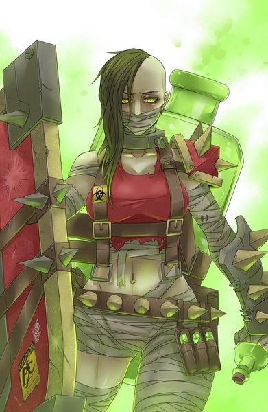 Anime picture 1000x1534 with league of legends singed (league of legends) exaxuxer single long hair tall image looking at viewer light erotic black hair bare shoulders green eyes piercing genderswap girl navel earrings belt bandage (bandages) bottle shield