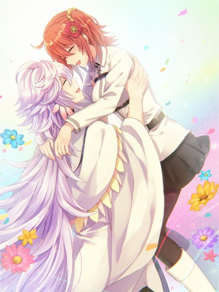 Anime picture 672x896 with fate (series) fate/grand order fujimaru ritsuka (female) merlin (fate) shidomura long hair tall image fringe open mouth hair between eyes holding purple hair eyes closed :d profile hair flower orange hair hug one side up ^ ^