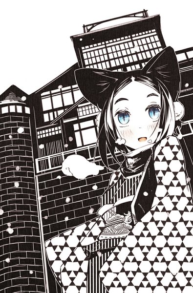 Anime picture 659x1000 with original yunar single tall image blush short hair open mouth blue eyes animal ears sky traditional clothes japanese clothes monochrome snowing winter exhalation dark hair brick wall girl scarf