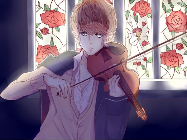 Anime picture 1024x768 with diabolik lovers idea factory sakamaki shuu single looking at viewer short hair blonde hair sad vampire boy uniform school uniform choker violin bow (instrument)