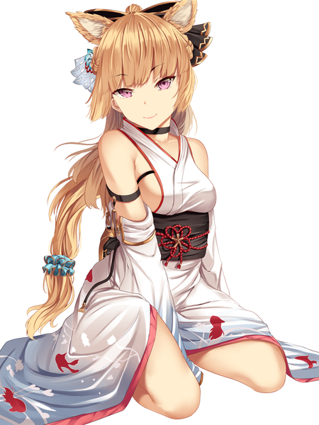 Anime picture 1383x1844 with granblue fantasy yuisis (granblue fantasy) mengo single long hair tall image looking at viewer fringe breasts light erotic simple background blonde hair smile white background sitting bare shoulders animal ears full body ponytail blunt bangs