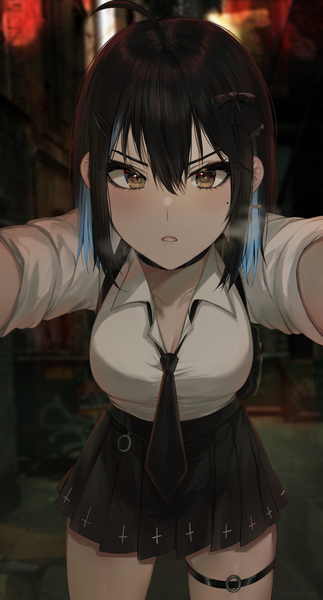 Anime picture 1547x2876 with original irene (kanniiepan) kanniiepan single tall image looking at viewer blush fringe short hair breasts open mouth black hair hair between eyes standing brown eyes ahoge pleated skirt multicolored hair mole two-tone hair
