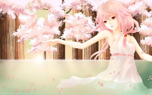 Anime picture 2560x1600 with guilty crown production i.g yuzuriha inori redjuice indriani single long hair highres smile red eyes wide image bare shoulders pink hair cherry blossoms girl plant (plants) petals tree (trees) water sundress