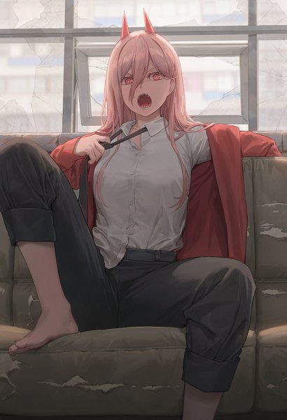 Anime picture 2796x4096 with chainsaw man mappa power (chainsaw man) free style (yohan1754) single long hair tall image looking at viewer fringe highres open mouth hair between eyes red eyes sitting pink hair bent knee (knees) indoors :d barefoot horn (horns)