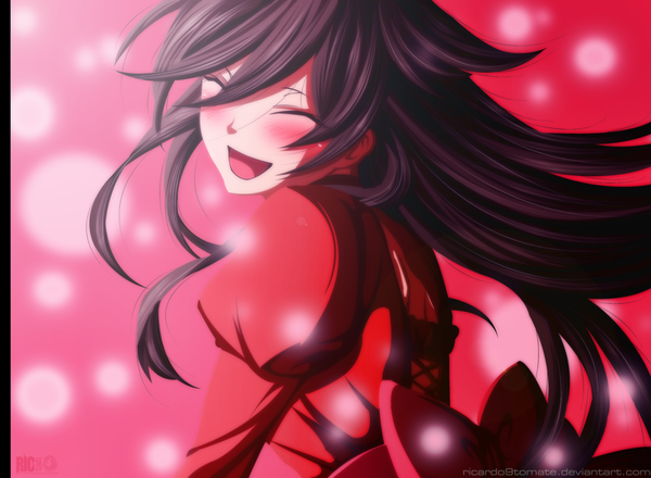 Anime picture 3000x2203 with pandora hearts xebec alice (pandora hearts) ric9duran single long hair blush highres open mouth black hair smile eyes closed looking back coloring girl dress bow