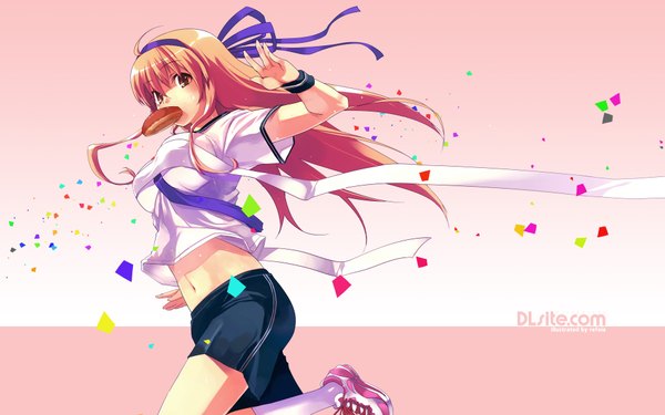 Anime picture 1920x1200 with dlsite.com dille blood refeia single long hair highres breasts blonde hair wide image holding arm up orange eyes mouth hold running girl navel uniform ribbon (ribbons) hair ribbon socks