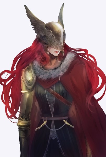Anime picture 1181x1748 with elden ring malenia blade of miquella itsuki (itsukiovo) single long hair tall image simple background standing white background red hair girl cape helmet prosthesis