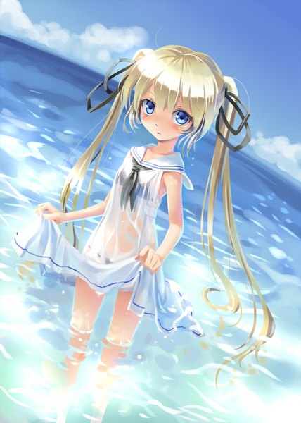 Anime-Bild 642x900 mit original katahira masashi single tall image looking at viewer blush light erotic blonde hair twintails sky very long hair horizon wet clothes transparent girl ribbon (ribbons) swimsuit hair ribbon bikini water