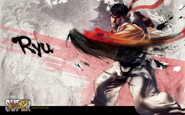 Anime picture 1920x1200 with street fighter capcom ryu (street fighter) single highres black hair wide image bare shoulders signed japanese clothes inscription muscle boy gloves ribbon (ribbons) kimono hachimaki