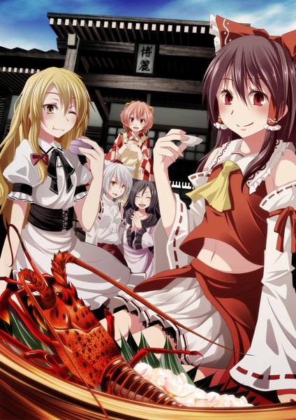 Anime picture 1415x2000 with touhou hakurei reimu kirisame marisa inubashiri momiji imaizumi kagerou motoori kosuzu s-syogo long hair tall image short hair open mouth black hair blonde hair smile red eyes brown hair multiple girls brown eyes white hair one eye closed