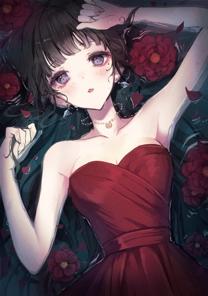 Anime picture 1505x2134 with original misty cj single tall image looking at viewer fringe black hair purple eyes upper body lying blunt bangs mole on back sleeveless mole under eye partially submerged girl dress flower (flowers) earrings