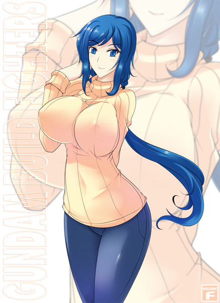 Anime picture 800x1096 with mobile suit gundam gundam build fighters sunrise (studio) iori rinko haganef single long hair tall image looking at viewer breasts blue eyes light erotic blue hair light smile erect nipples huge breasts covered nipples girl sweater jeans