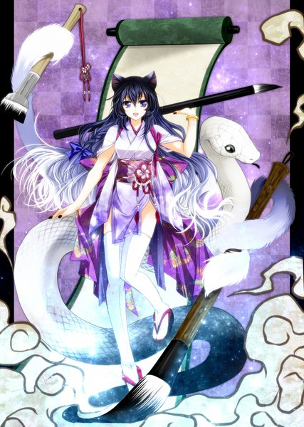 Anime picture 1200x1687 with original kanna (plum) single long hair tall image open mouth black hair purple eyes animal ears traditional clothes girl thighhighs white thighhighs snake paintbrush calligraphy brush