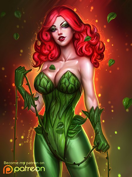 Anime picture 750x1000 with batman dc comics poison ivy ayyasap single long hair tall image looking at viewer breasts light erotic large breasts bare shoulders green eyes red hair realistic lipstick eyeshadow red lipstick makeup girl
