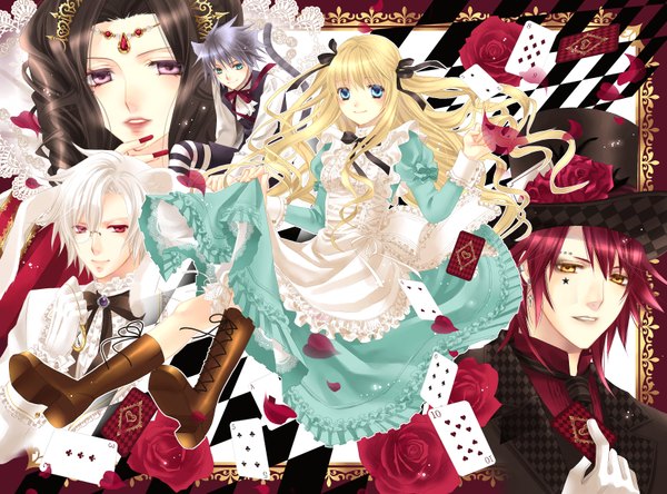 Anime picture 1662x1230 with alice in wonderland alice (wonderland) white rabbit cheshire cat queen of hearts mad hatter long hair short hair blue eyes black hair blonde hair smile red eyes multiple girls green eyes animal ears yellow eyes white hair red hair cat ears