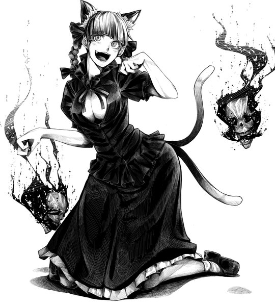 Anime-Bild 1800x2000 mit touhou kaenbyou rin regura single tall image highres open mouth light erotic animal ears cleavage braid (braids) short sleeves puffy sleeves twin braids kneeling monochrome cleavage cutout multiple tails extra ears girl