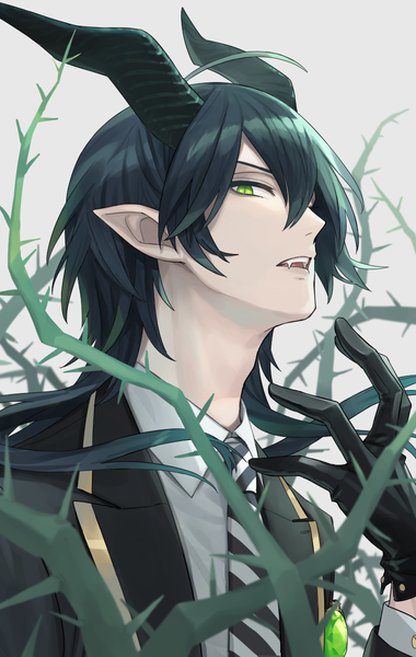 Anime picture 761x1200 with twisted wonderland malleus draconia chorefuji single long hair tall image looking at viewer fringe black hair hair between eyes green eyes upper body profile horn (horns) pointy ears fang (fangs) boy gloves plant (plants) black gloves