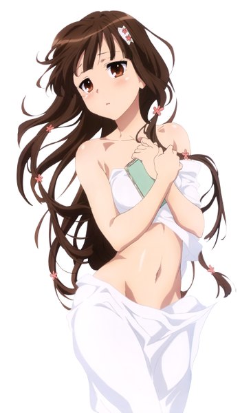 Anime picture 3375x5546 with amagi brilliant park kyoto animation koborii (amaburi) single long hair tall image looking at viewer highres light erotic simple background brown hair white background brown eyes absurdres girl navel