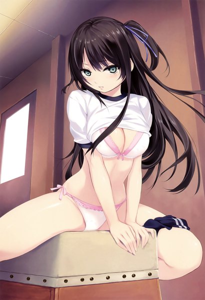 Anime picture 2258x3300 with melonbooks coffee-kizoku single long hair tall image looking at viewer blush fringe highres breasts light erotic black hair hair between eyes sitting cleavage indoors parted lips aqua eyes scan one side up