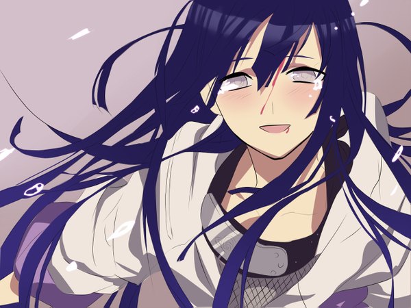 Anime picture 1300x975 with naruto studio pierrot naruto (series) hyuuga hinata single long hair blush fringe open mouth simple background purple eyes purple hair tears happy close-up crying purple background girl