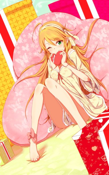 Anime picture 1400x2250 with idolmaster hoshii miki clearite single long hair tall image blush light erotic blonde hair green eyes ahoge bent knee (knees) one eye closed barefoot wink bare legs spread legs legs valentine knees touching