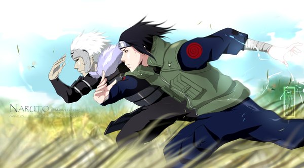 Anime picture 2200x1218 with naruto studio pierrot naruto (series) uchiha sasuke senju tobirama ifragmentix highres short hair black hair red eyes wide image sky cloud (clouds) white hair sunlight inscription coloring magic running hokage