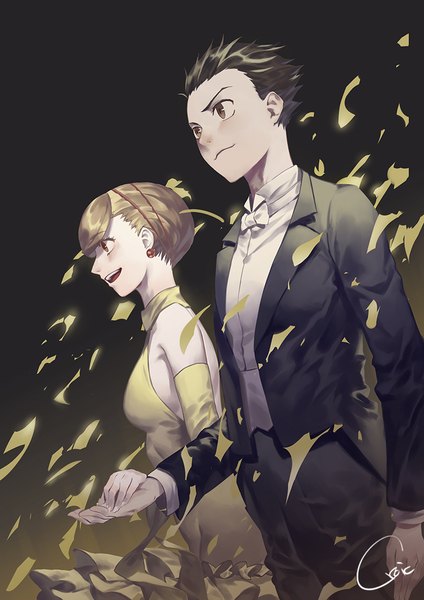 Anime picture 800x1132 with ballroom e youkoso production i.g akagi mako fujita tatara croic tall image short hair open mouth black hair blonde hair brown eyes signed looking away profile holding hands black background girl dress boy detached sleeves