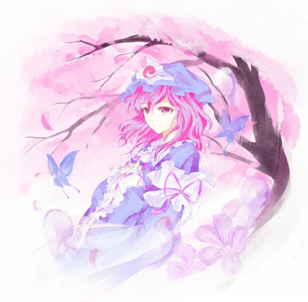 Anime picture 1000x983 with touhou saigyouji yuyuko waya (f kz) single short hair pink hair pink eyes wind cherry blossoms girl dress petals insect butterfly bonnet