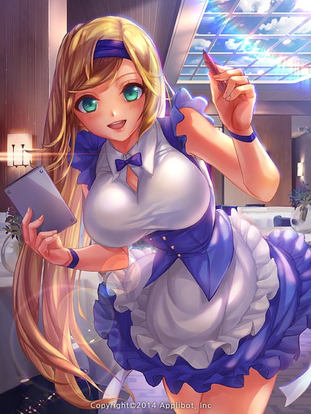 Anime picture 720x960 with original wooju single long hair tall image looking at viewer blush open mouth blue eyes light erotic blonde hair girl dress hairband