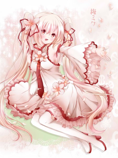 Anime picture 1200x1600 with vocaloid hatsune miku koyoi (ruka) single tall image blush open mouth twintails pink hair very long hair pink eyes girl dress flower (flowers) detached sleeves petals necktie