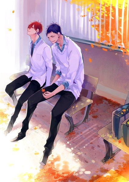 Anime picture 567x800 with kuroko no basket production i.g aomine daiki akashi seijuurou hanamori tall image fringe short hair black hair hair between eyes red eyes sitting full body red hair from above multiple boys looking down looking up autumn boy