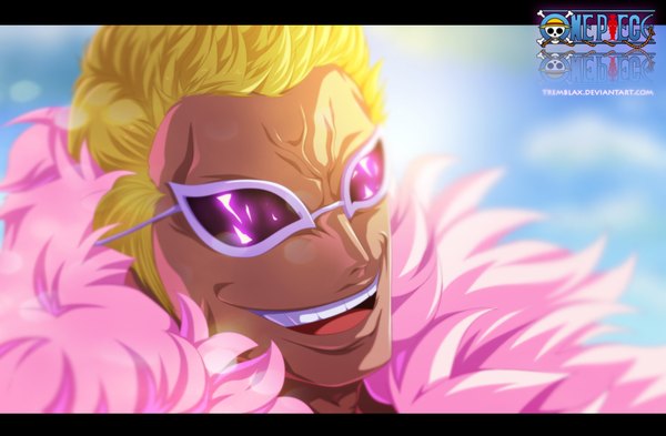 Anime picture 1240x814 with one piece toei animation donquixote doflamingo tremblax single short hair open mouth blonde hair smile sky cloud (clouds) sunlight inscription coloring letterboxed close-up boy glasses fur