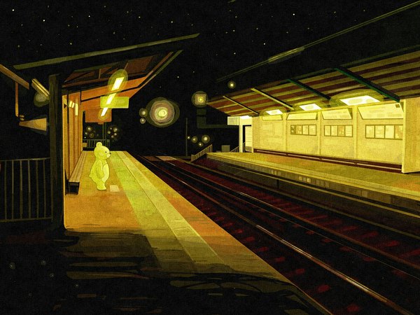 Anime picture 1100x825 with original nomiya (no 38) night night sky star (stars) teddy bear bear train station railways