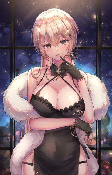 Anime picture 704x1100 with girls frontline ots-14 (girls frontline) ots-14 (sangria succulent) (girls' frontline) cenangam single long hair tall image looking at viewer blush fringe breasts open mouth light erotic blonde hair hair between eyes large breasts bare shoulders yellow eyes payot cleavage