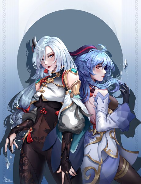 Anime picture 3054x3987 with genshin impact ganyu (genshin impact) shenhe (genshin impact) mihan77108047 long hair tall image fringe highres blue eyes bare shoulders multiple girls blue hair absurdres silver hair ahoge profile horn (horns) hair over one eye lipstick eyeshadow