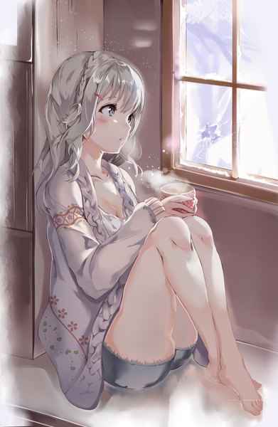 Anime picture 3000x4600 with original suigetsu (hjs1106) single long hair tall image fringe highres light erotic hair between eyes holding looking away silver hair bent knee (knees) indoors braid (braids) parted lips profile barefoot mole bare legs