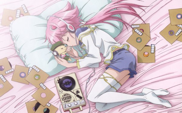 Anime picture 1920x1200 with sora wo kakeru shoujo sunrise (studio) shishidou akiha shishidou imoko single long hair highres wide image pink hair lying eyes closed from above no shoes on side sleeping girl thighhighs white thighhighs headphones pillow