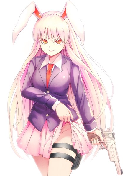 Anime picture 1948x2759 with touhou reisen udongein inaba mikoma sanagi single long hair tall image looking at viewer fringe highres breasts light erotic simple background smile large breasts white background animal ears pink hair orange eyes bunny ears no panties