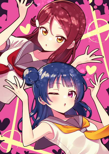 Anime picture 1748x2480 with love live! sunshine!! sunrise (studio) love live! sakurauchi riko tsushima yoshiko deadnooodles long hair tall image looking at viewer blush fringe highres open mouth simple background hair between eyes purple eyes multiple girls yellow eyes blue hair upper body