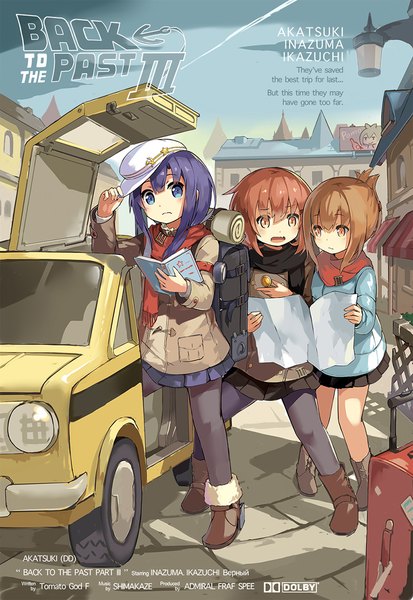 Anime picture 800x1162 with kantai collection back to the future verniy destroyer akatsuki destroyer inazuma destroyer ikazuchi destroyer lino-lin long hair tall image blush fringe short hair open mouth blue eyes brown hair standing multiple girls holding brown eyes payot