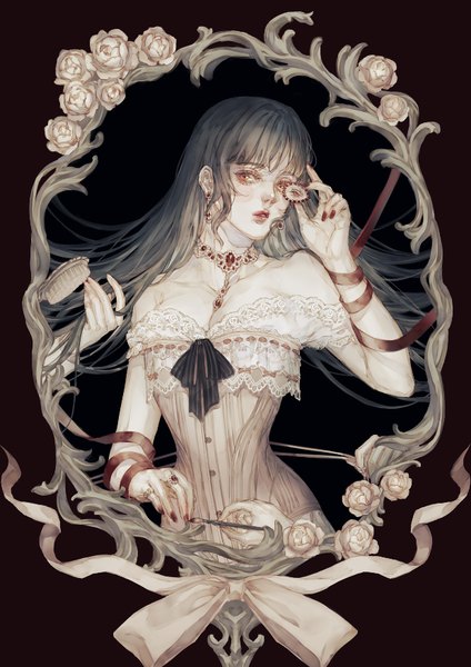 Anime picture 619x876 with original lucia (biblyoteka) long hair tall image looking at viewer breasts black hair red eyes cleavage upper body nail polish lips solo focus hair brushing girl ribbon (ribbons) choker lingerie ring corset