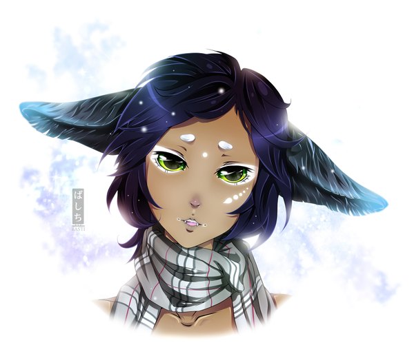 Anime picture 1800x1543 with original basti rin single highres short hair open mouth black hair simple background bare shoulders green eyes signed animal ears inscription teeth fang (fangs) dark skin facial mark hieroglyph portrait snowing