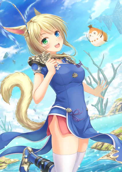 Anime picture 1200x1694 with final fantasy final fantasy xiv square enix avatar (ff14) monk (fft) tiphereth single tall image looking at viewer blush short hair open mouth light erotic blonde hair animal ears sky cloud (clouds) tail animal tail heterochromia