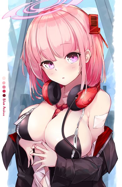 Anime picture 1200x1843 with blue archive eimi (blue archive) kie (yospcd) single tall image looking at viewer short hair breasts light erotic large breasts pink hair upper body pink eyes copyright name headphones around neck fingers together girl headphones halo bikini top