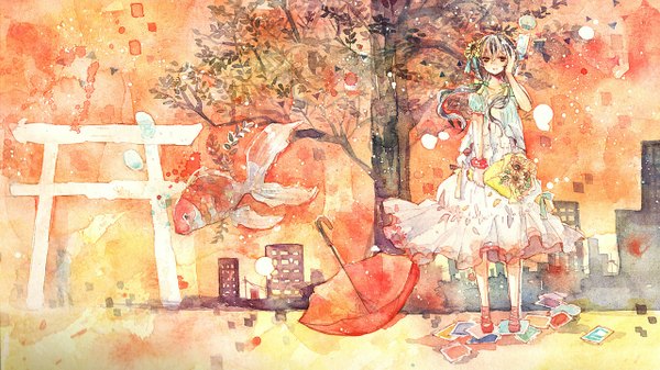 Anime picture 1280x720 with original vocaloid shiratsuyu single long hair black hair red eyes wide image twintails looking away hair flower city cityscape traditional media watercolor (medium) girl dress hair ornament flower (flowers) plant (plants)