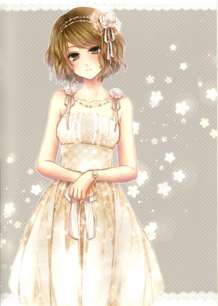Anime picture 2571x3606 with original hagiwara rin tall image highres short hair brown hair brown eyes hair flower brown background checkered background girl dress hair ornament bracelet white dress necklace